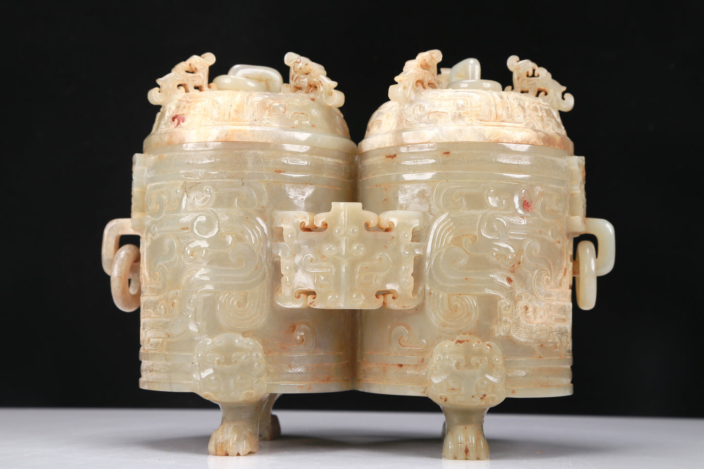 An Archaic Yellow Jade 'Animal Mask' Double-Jar And Cover