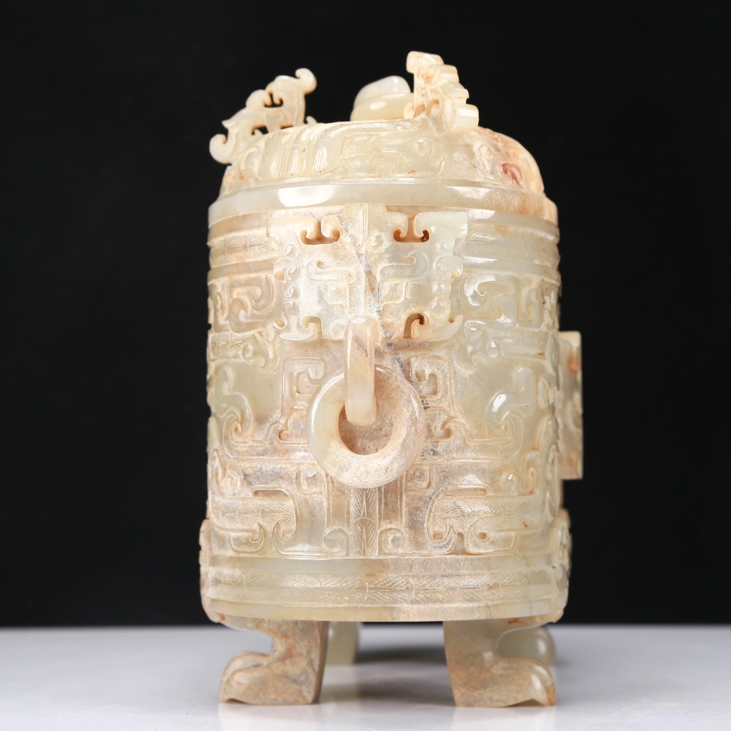 An Archaic Yellow Jade 'Animal Mask' Double-Jar And Cover