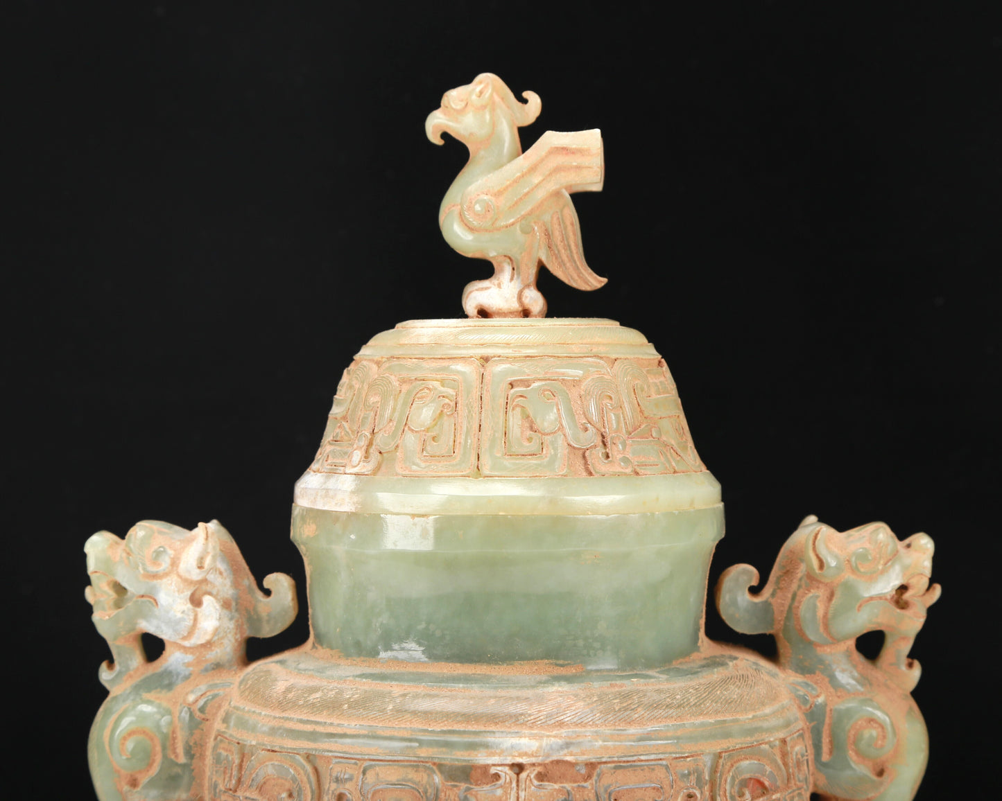 An Archaic Celadon-White Jade 'Animal Mask' Dragon-Handled Vase And Cover