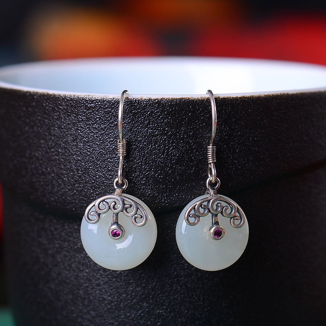 Silver inlaid Hetian jade vintage peace button earrings