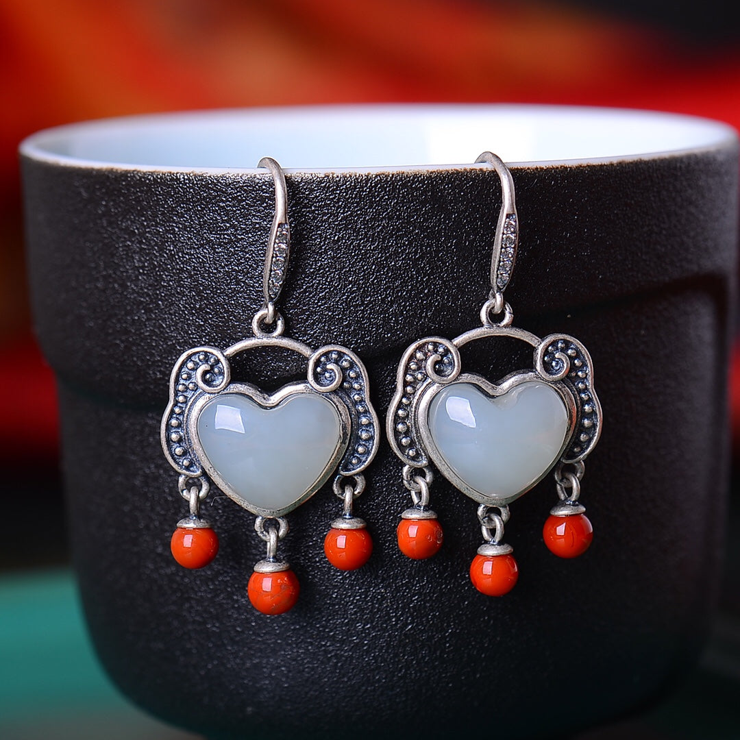 Silver inlaid Hetian jade heart-shaped earrings