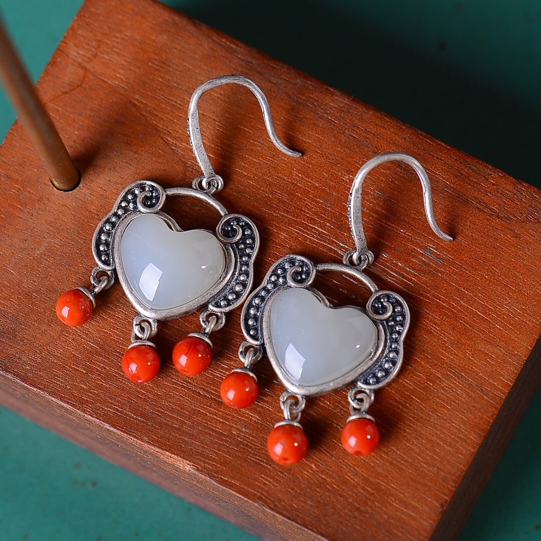 Silver inlaid Hetian jade heart-shaped earrings