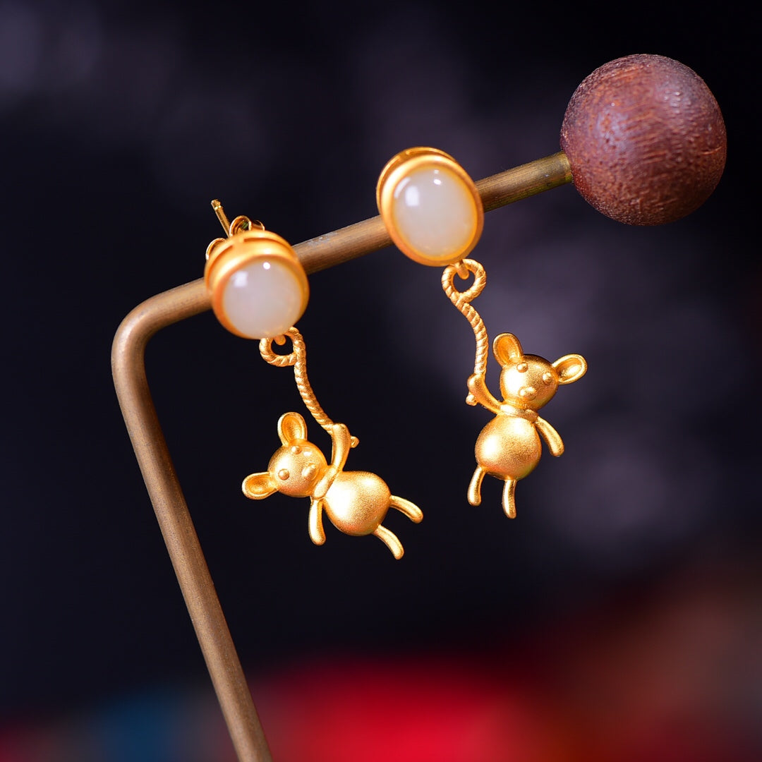 Gilt silver and Hetian jade egg drop earrings