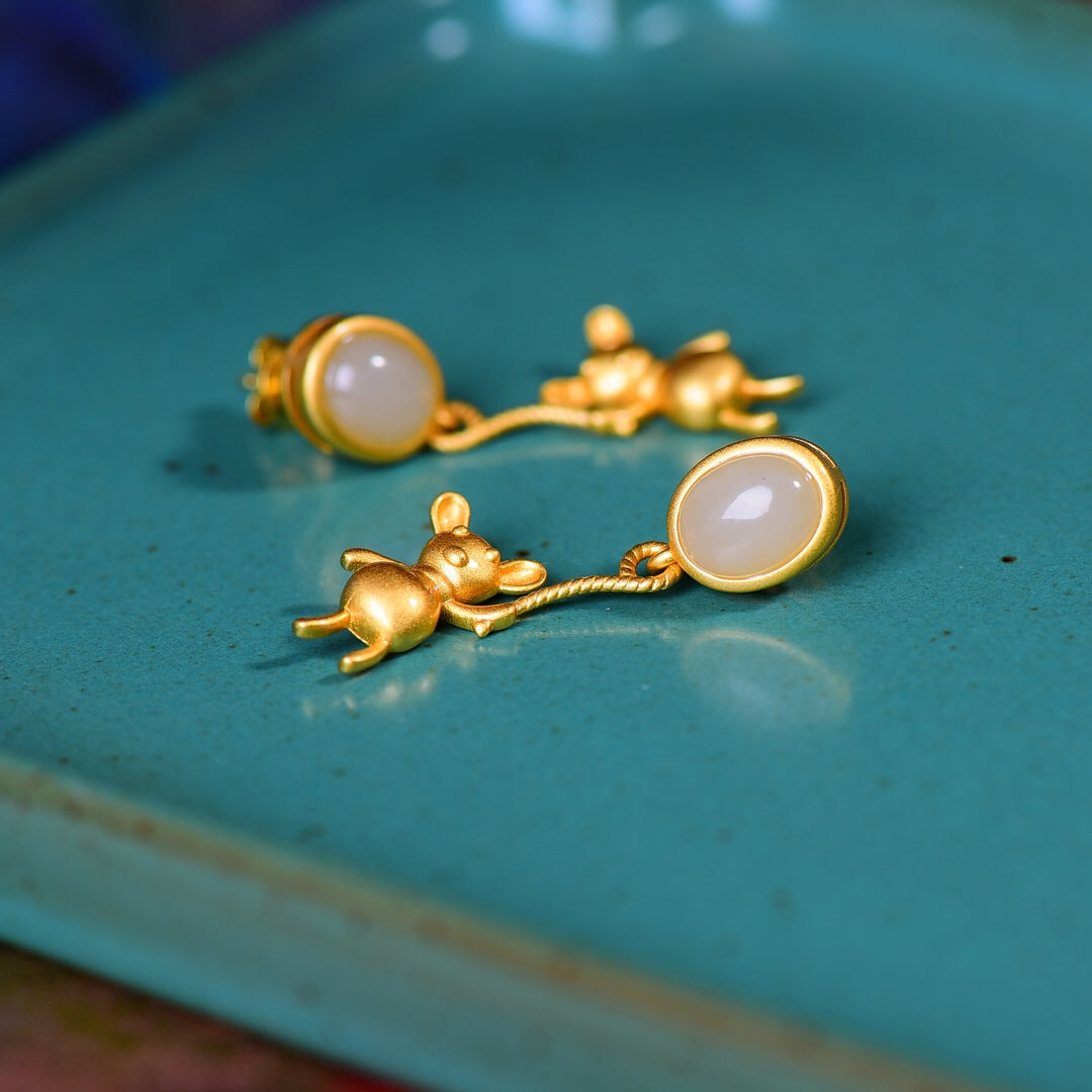 Gilt silver and Hetian jade egg drop earrings