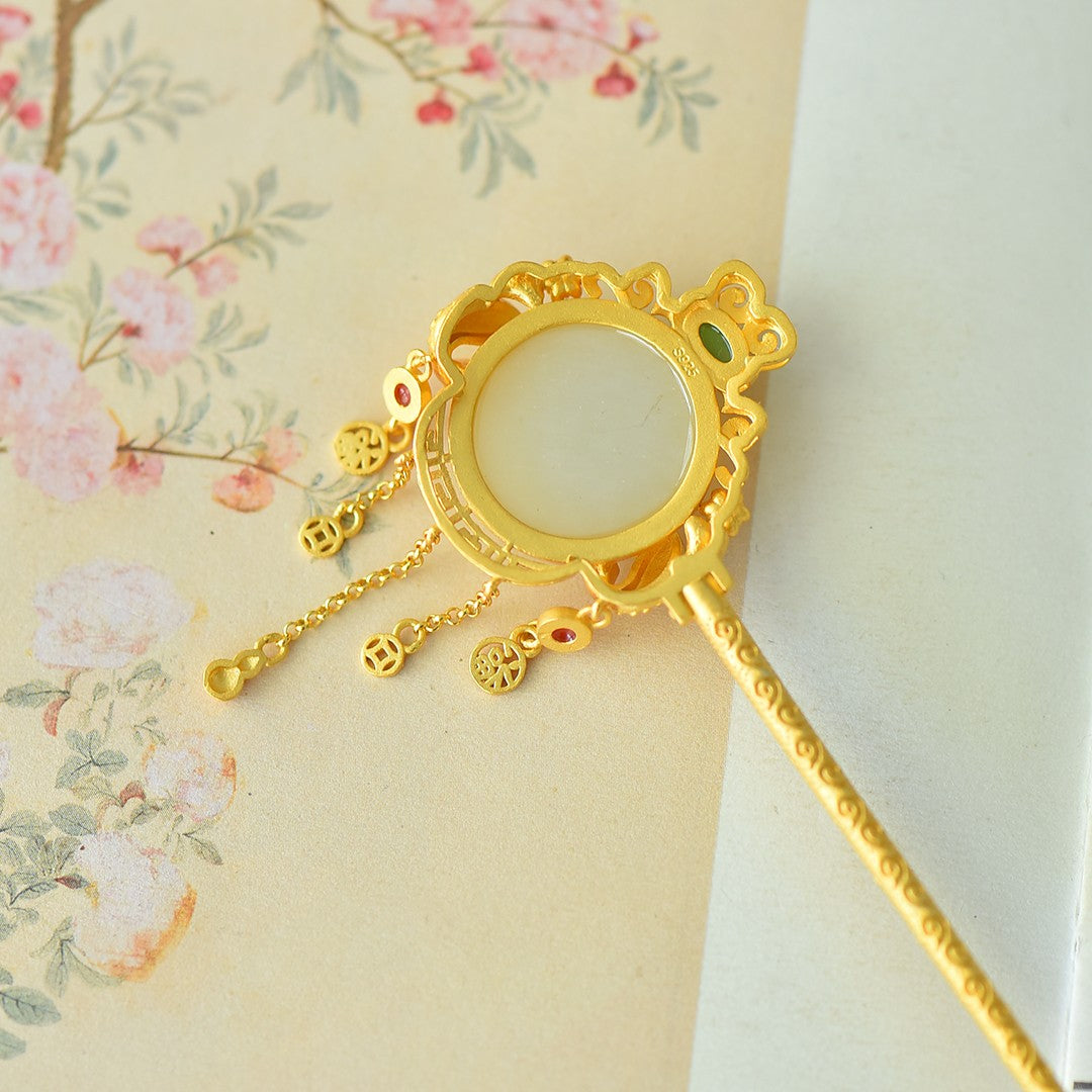 Silver gilt inlaid Hetian jade double-sided fish auspicious tassel hairpin