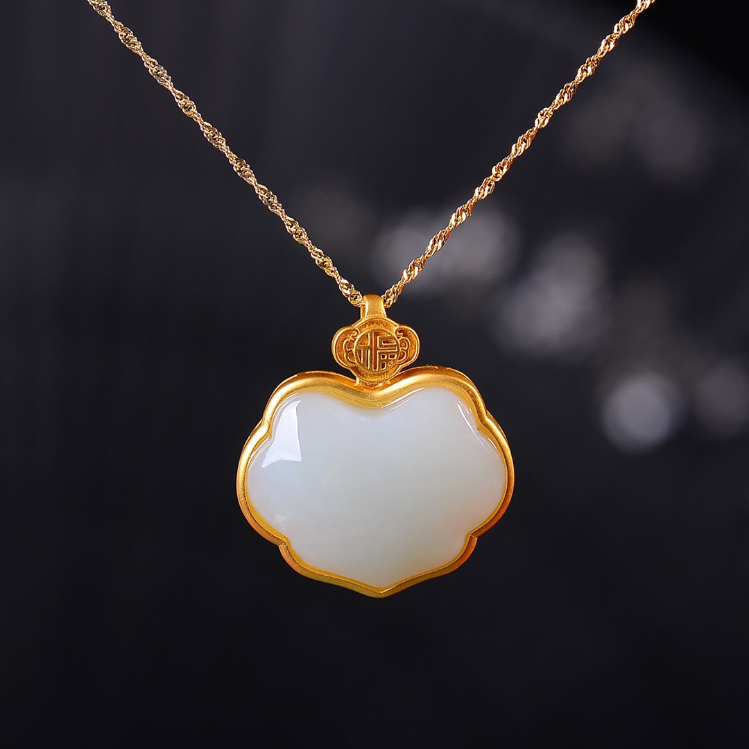 Silver gilt inlaid Hetian jade Ruyi lock pendant