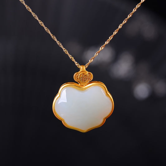 Silver gilt inlaid Hetian jade Ruyi lock pendant