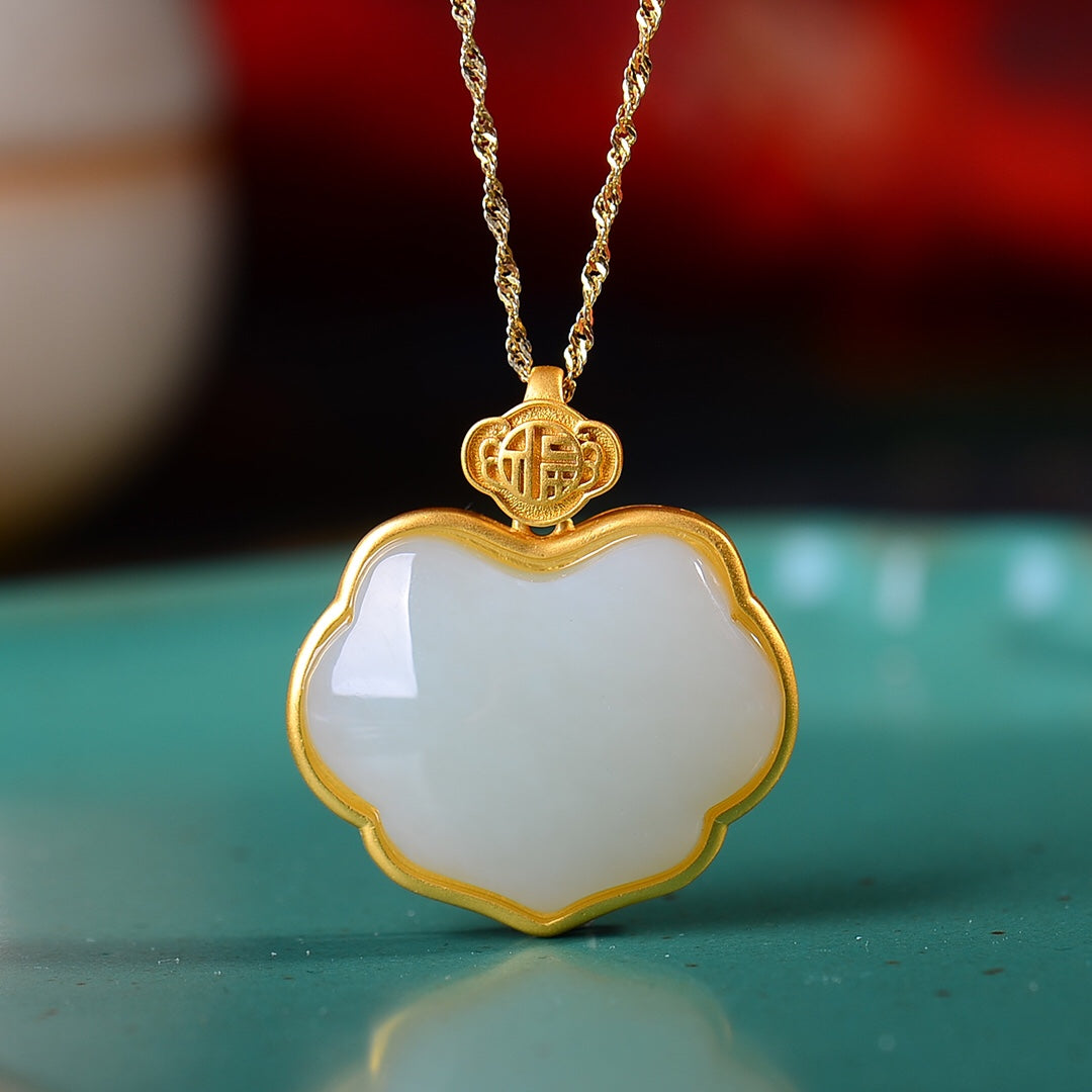 Silver gilt inlaid Hetian jade Ruyi lock pendant