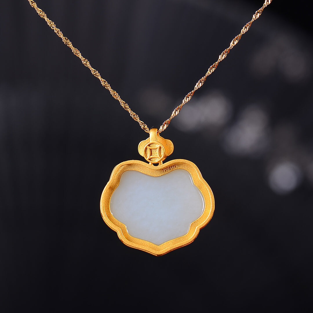 Silver gilt inlaid Hetian jade Ruyi lock pendant