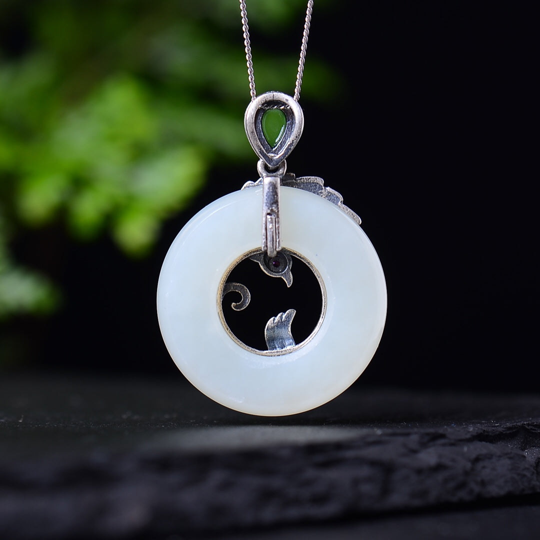 Silver inlaid Hetian jade peace ring pendant