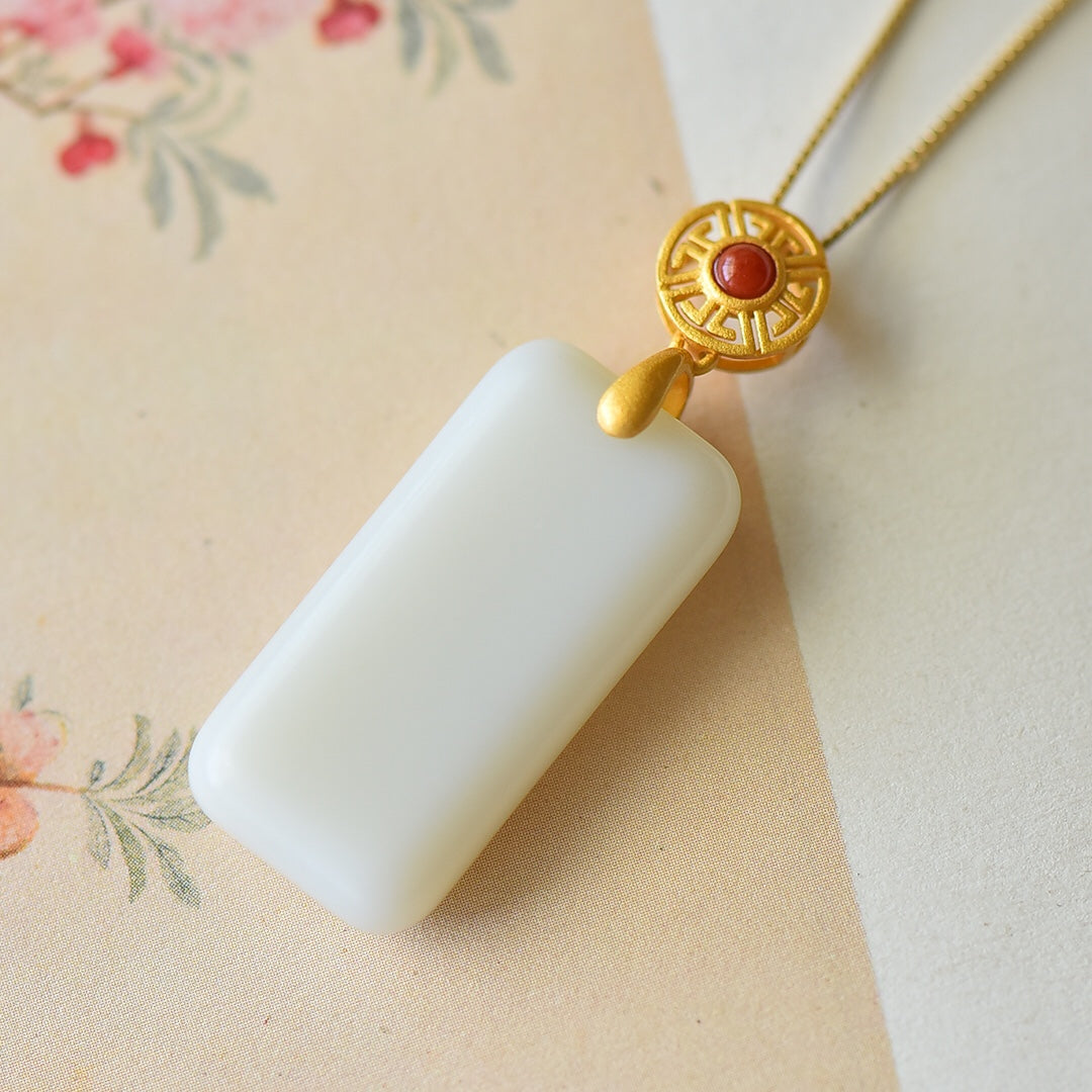 Gilt silver inlaid Hetian jade peace plate with southern red pendant