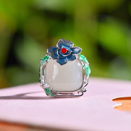 Silver inlaid Hetian jade enamel square ring