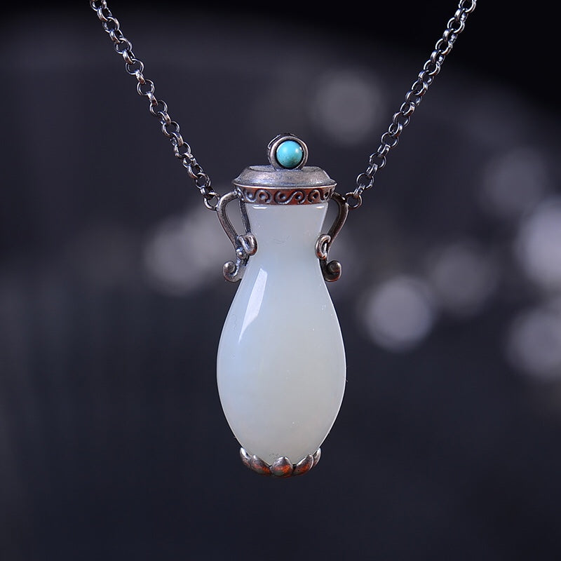 Silver inlaid Hetian jade vase pendant