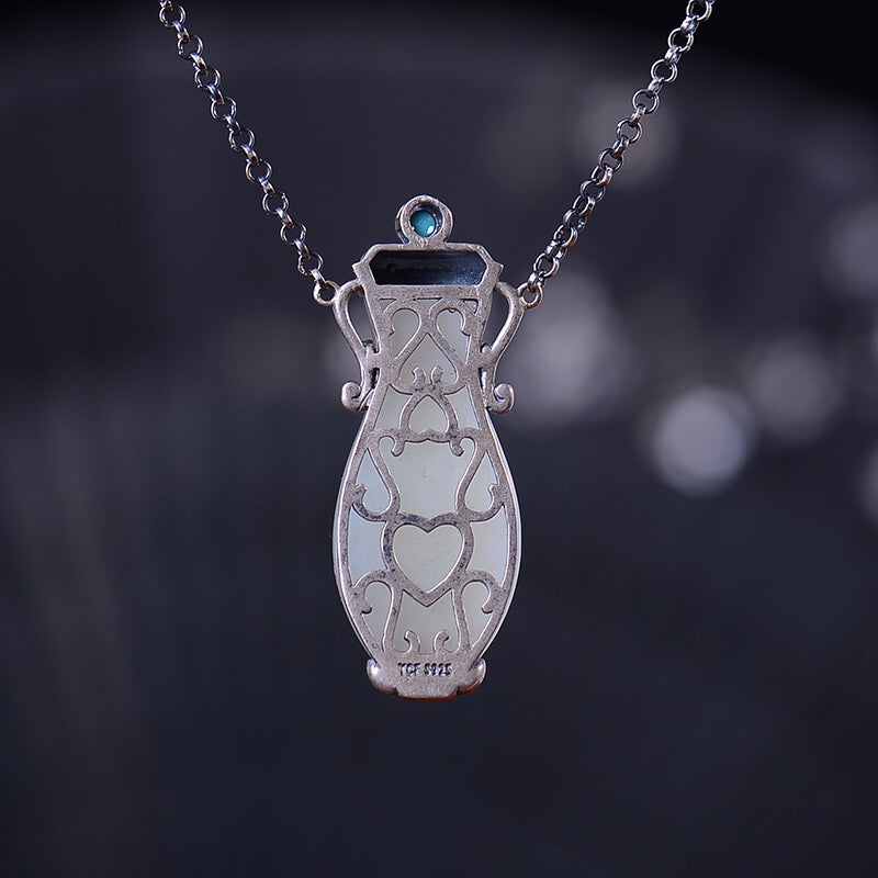 Silver inlaid Hetian jade vase pendant