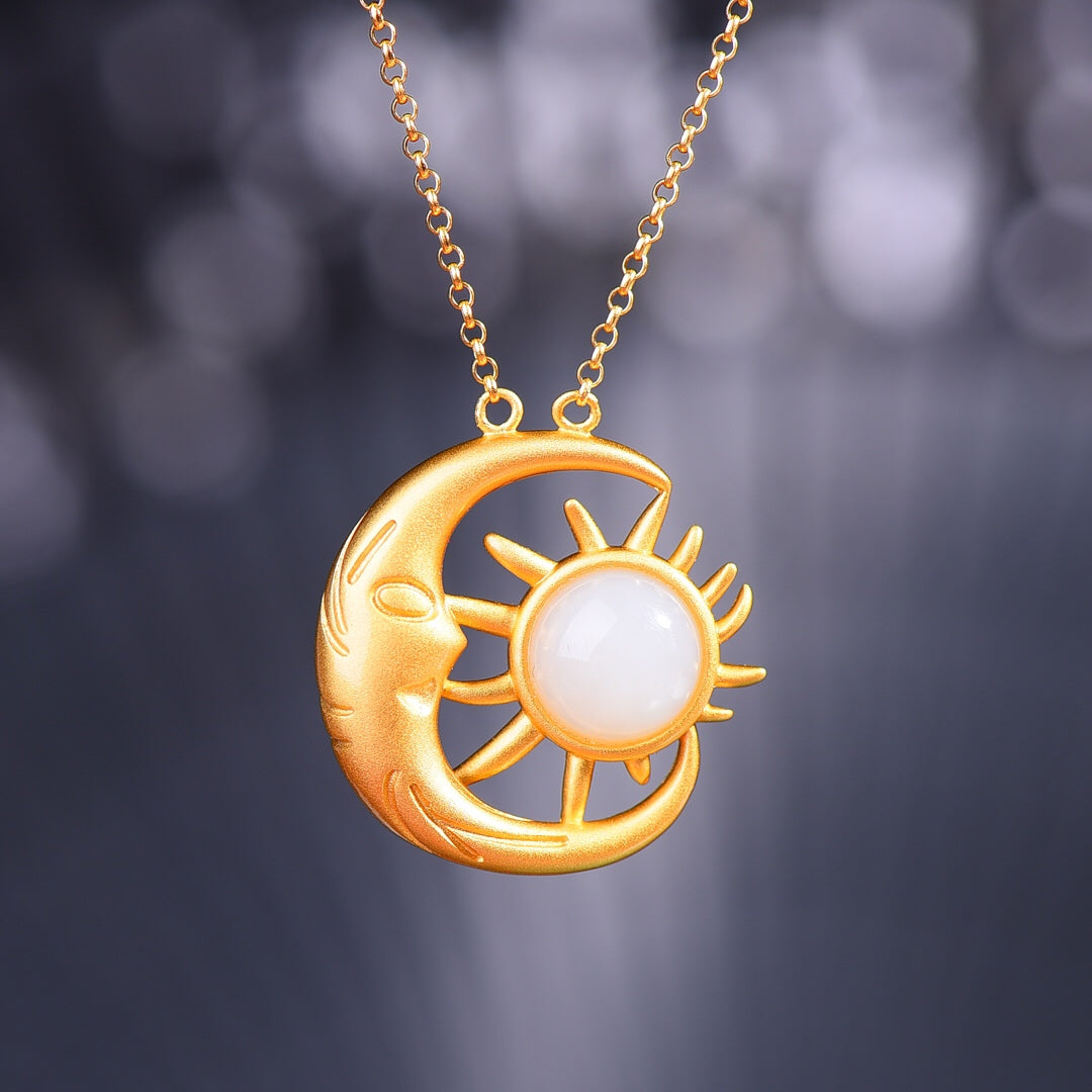 Gilt silver and Hetian jade sun and moon pendant