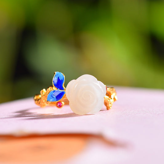 Gilt silver and Hetian jade enamel rosette ring