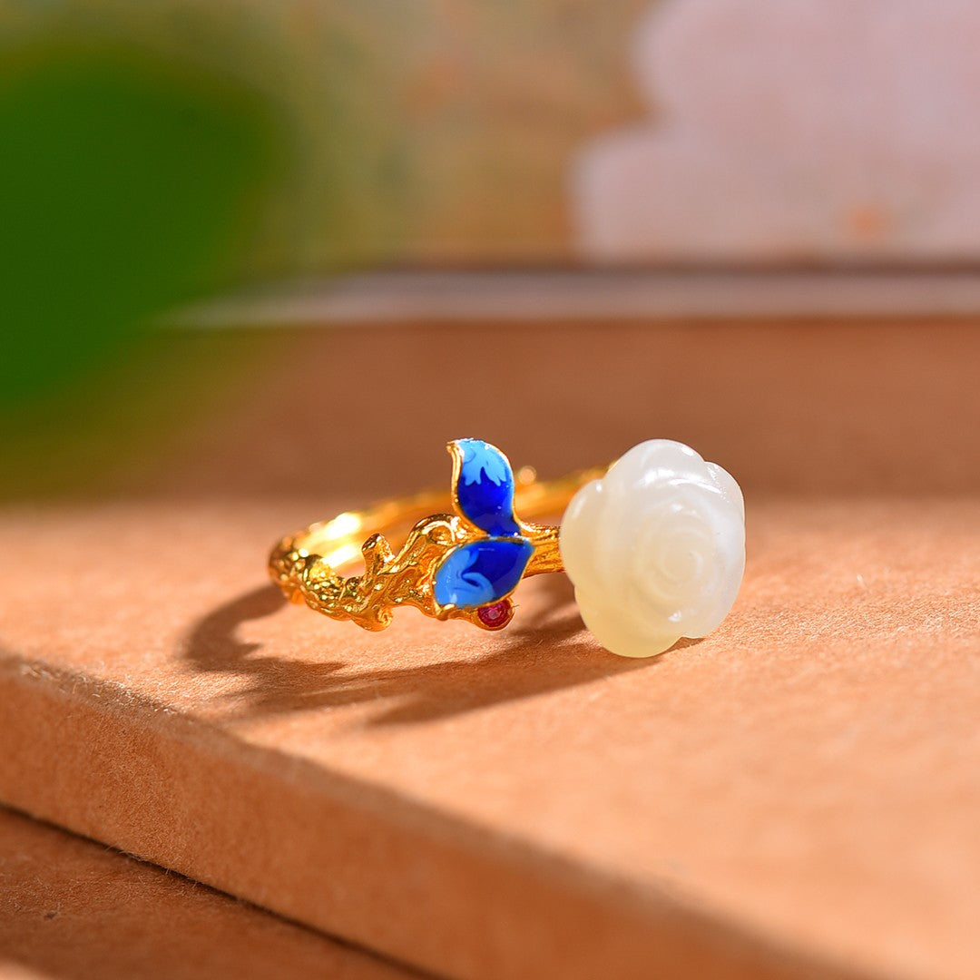 Gilt silver and Hetian jade enamel rosette ring