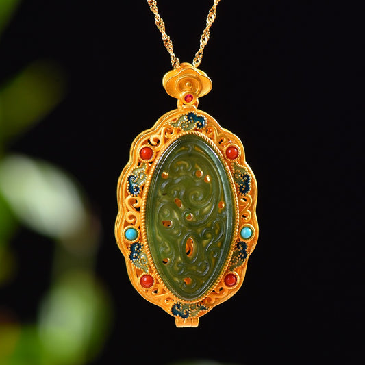 Gilt silver and Hetian jasper hollow sachet pendant