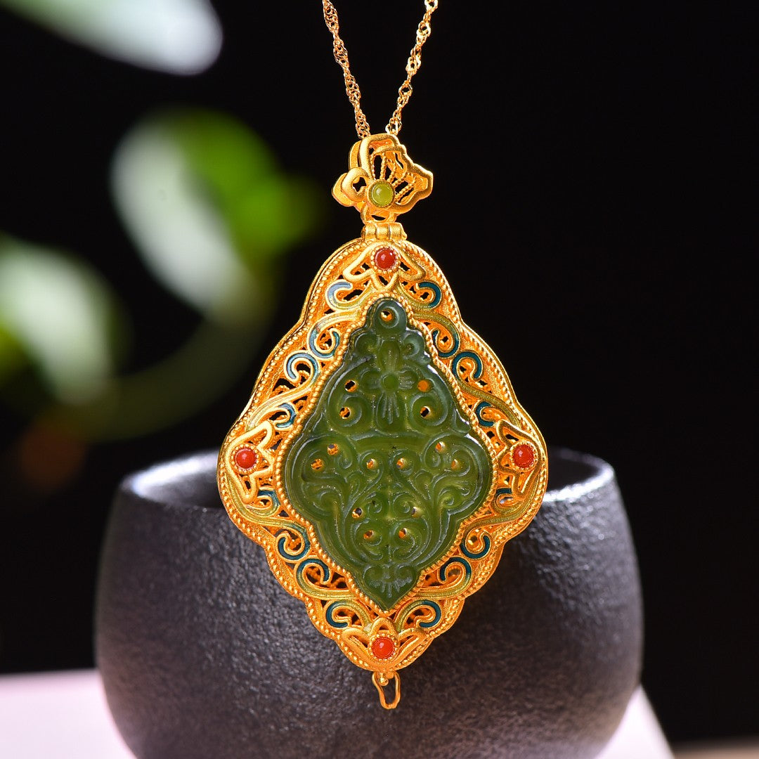 Gilt silver and Hetian jasper hollow rhombus sachet pendant