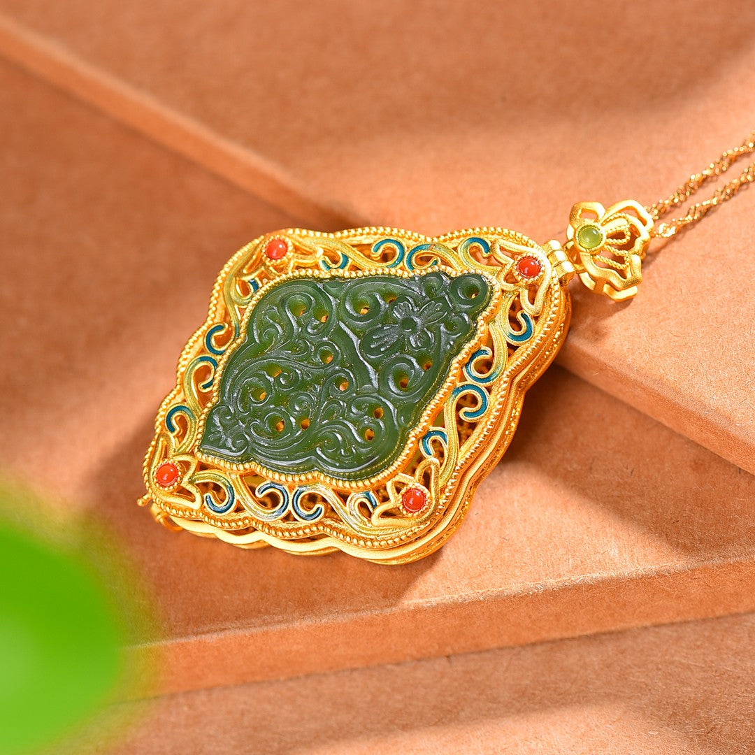 Gilt silver and Hetian jasper hollow rhombus sachet pendant