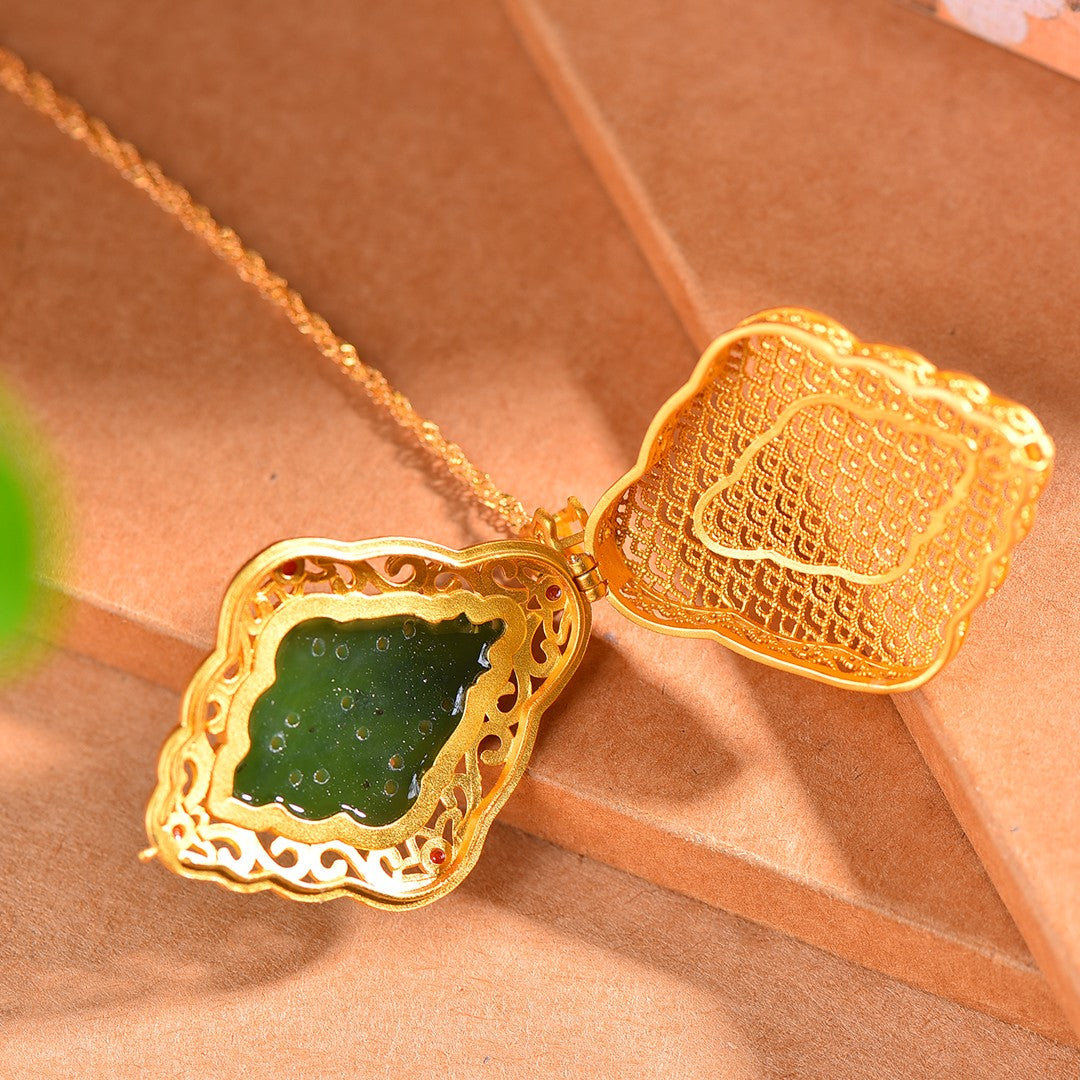 Gilt silver and Hetian jasper hollow rhombus sachet pendant