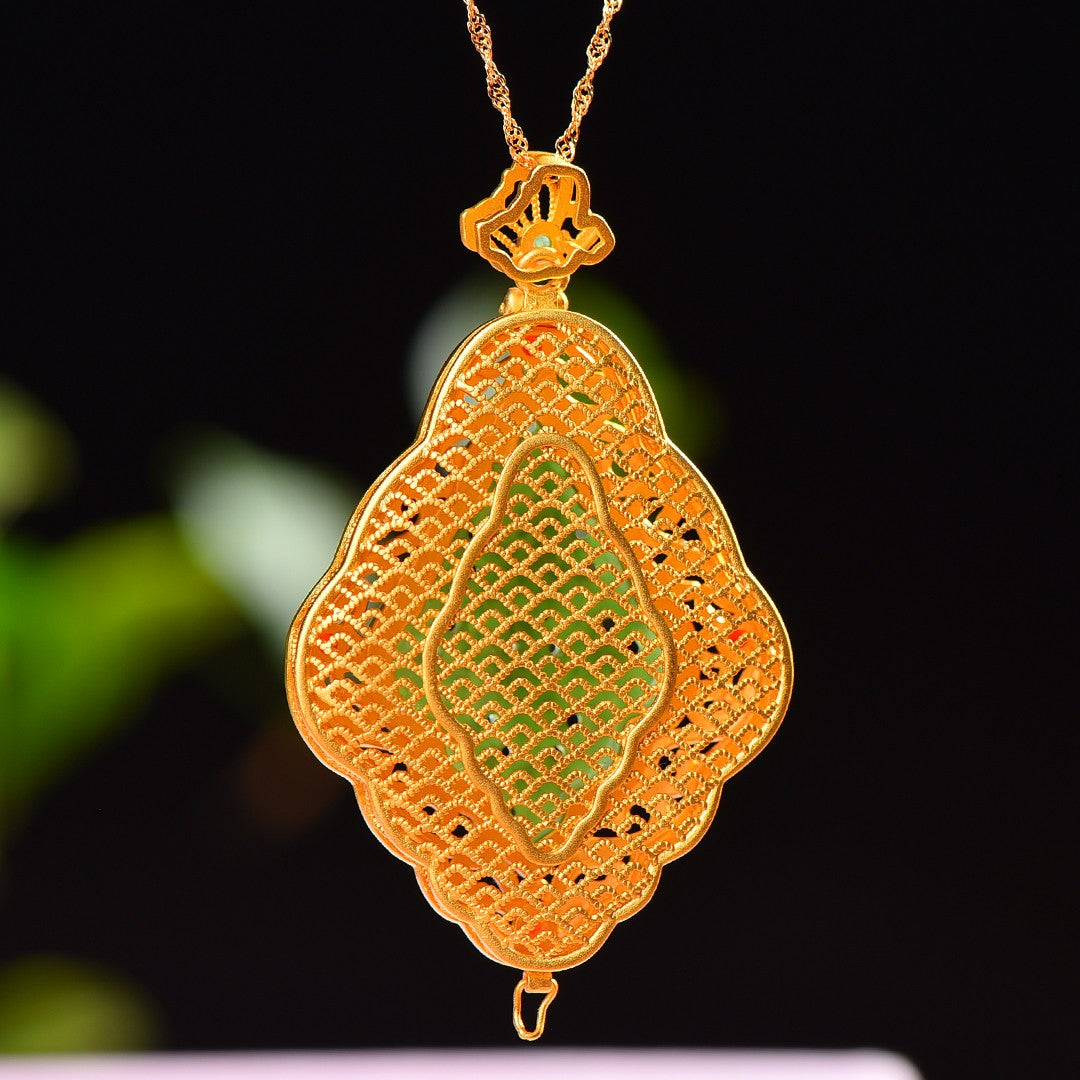 Gilt silver and Hetian jasper hollow rhombus sachet pendant