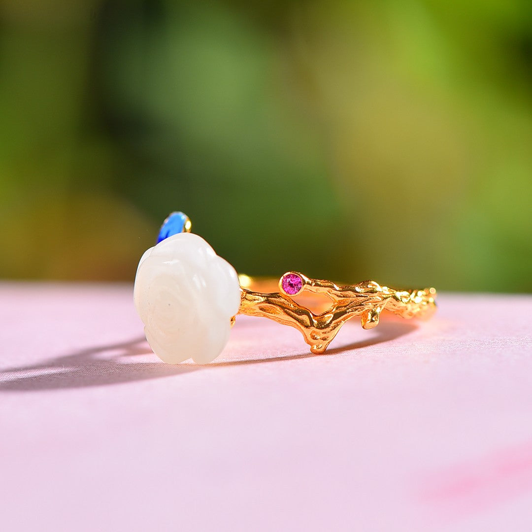 Gilt silver and Hetian jade enamel rosette ring