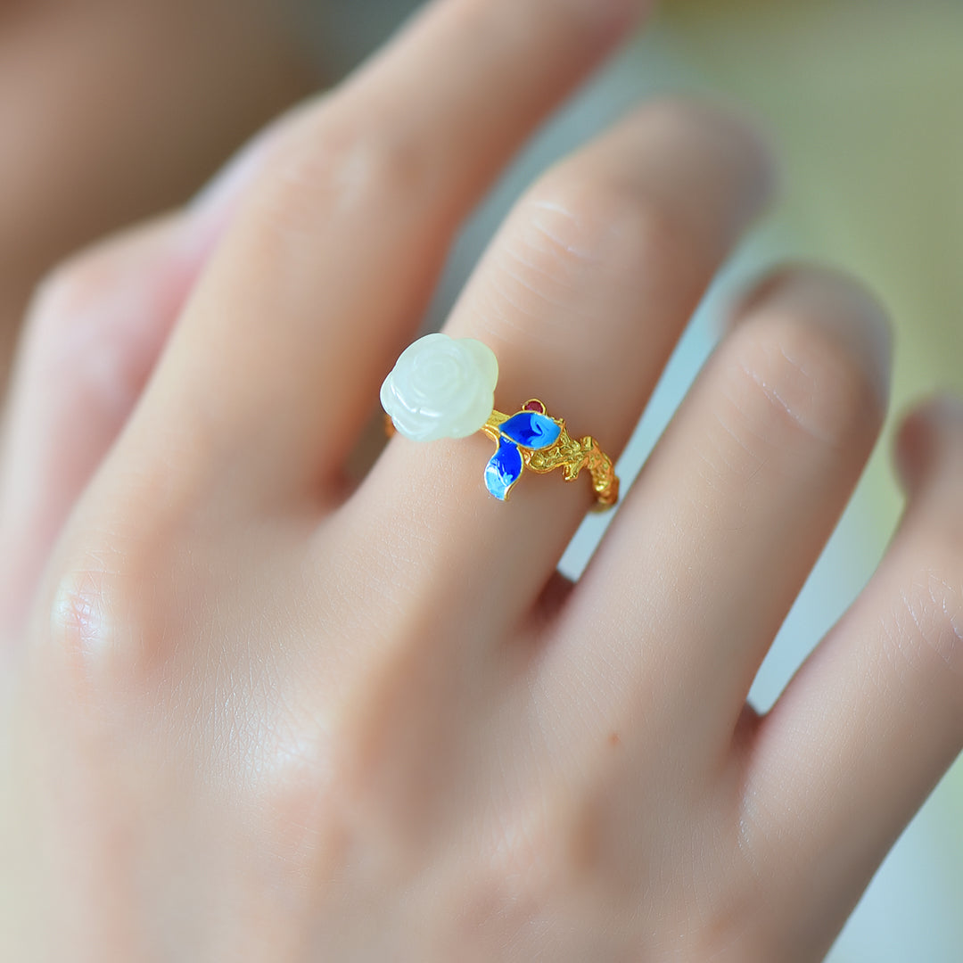 Gilt silver and Hetian jade enamel rosette ring