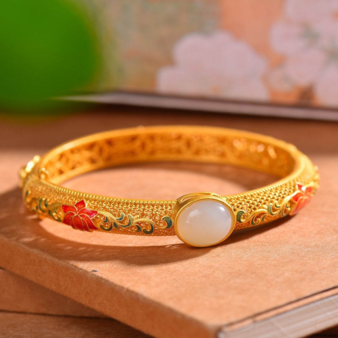 Silver gilt and Hetian jade enamel egg bracelet