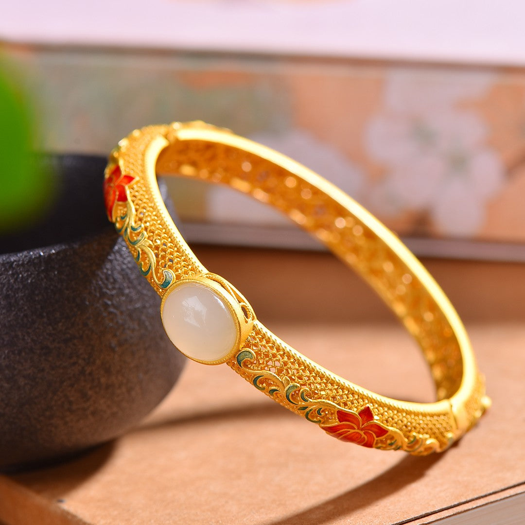 Silver gilt and Hetian jade enamel egg bracelet