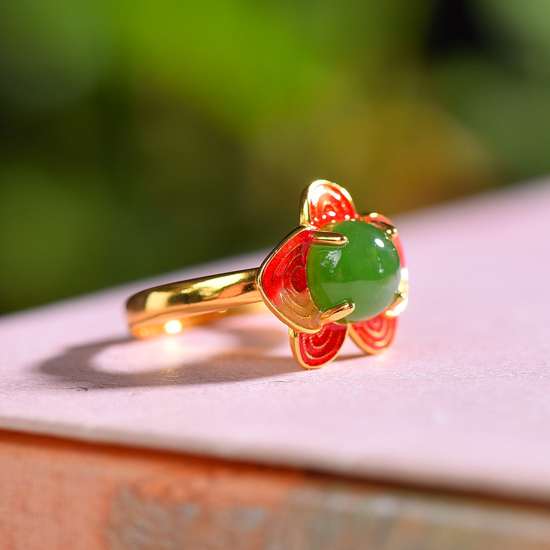 Gilt silver and Hetian jade enamel jasper ring