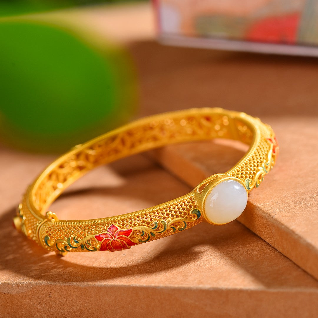 Silver gilt and Hetian jade enamel egg bracelet