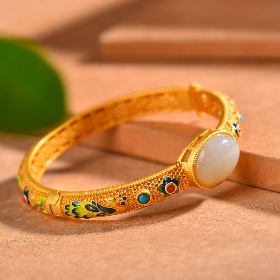 Silver gilt and Hetian jade enamel egg bracelet