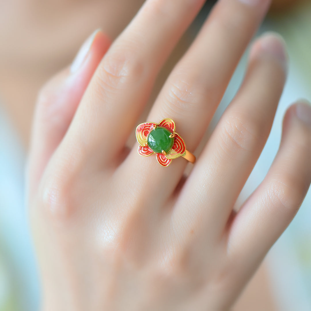 Gilt silver and Hetian jade enamel jasper ring