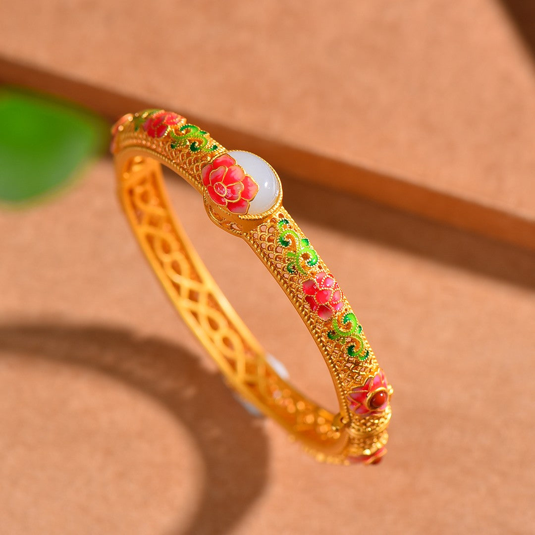 Silver gilt and Hetian jade enamel egg bracelet