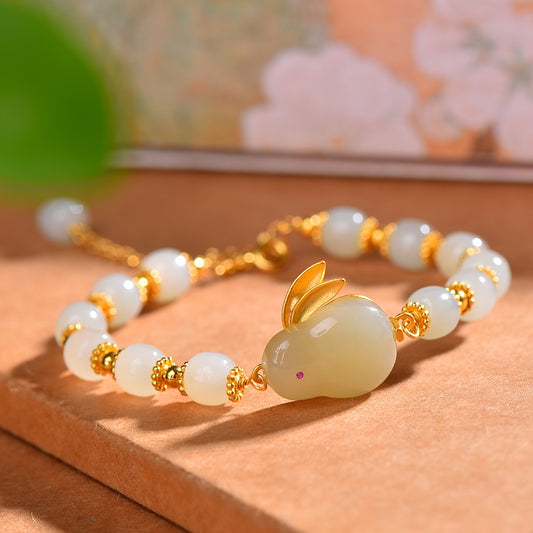 Gilt silver and Hetian jade rabbit bracelet