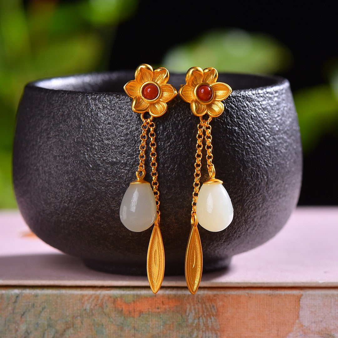 Gilt silver and Hetian jade droplets with southern red earrings