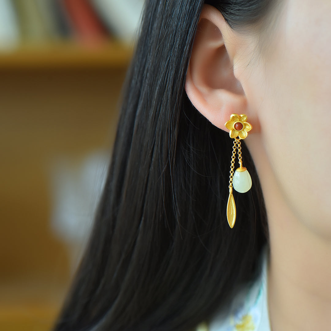 Gilt silver and Hetian jade droplets with southern red earrings