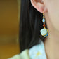 Gilt silver and Hetian jade enamel lotus earrings