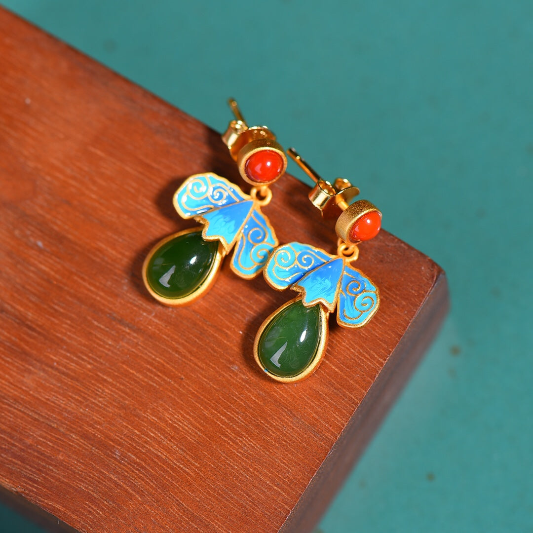 Gilt silver and Hetian jasper water drop enamel earrings