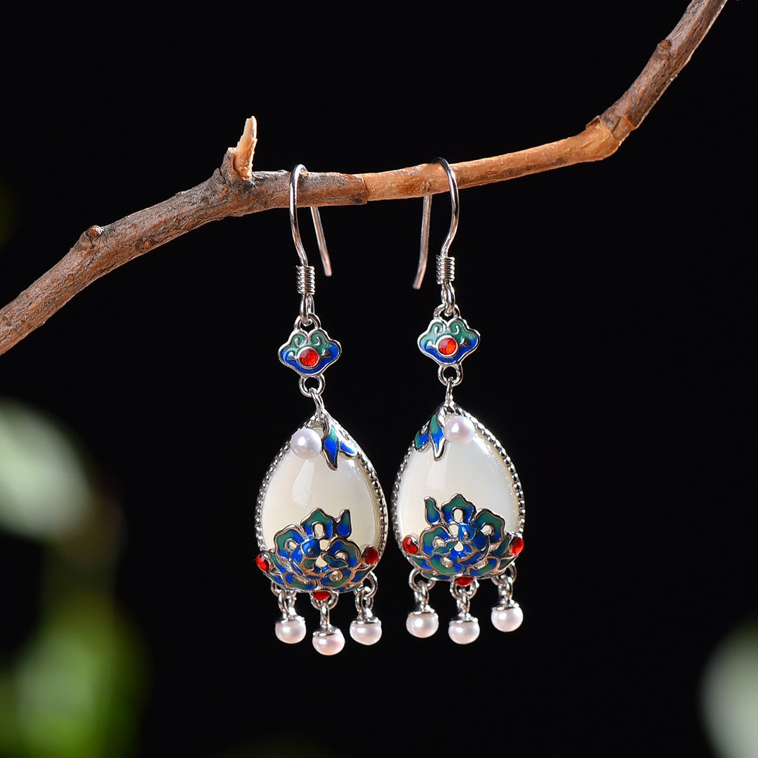 Silver inlaid Hetian jade drop enamel with multi-treasure earrings