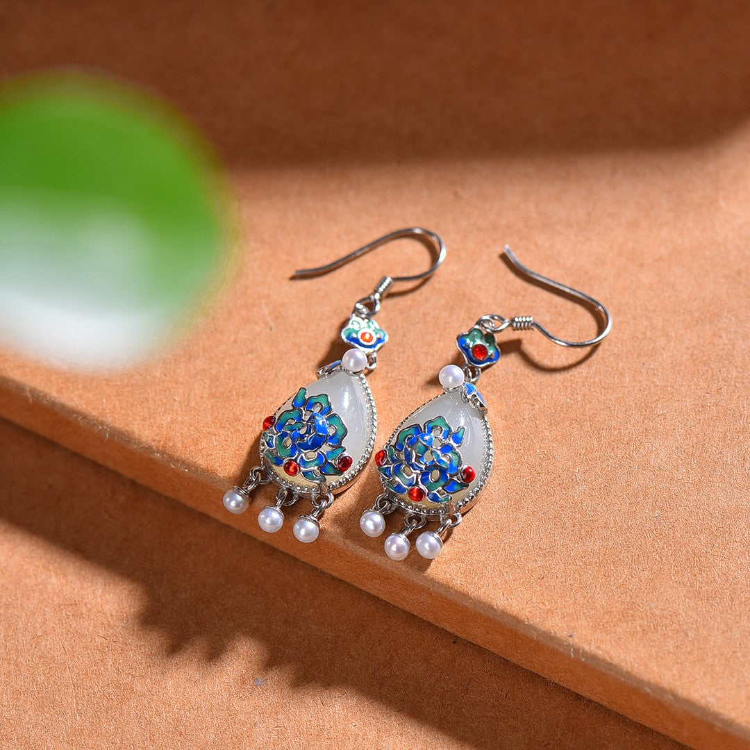 Silver inlaid Hetian jade drop enamel with multi-treasure earrings