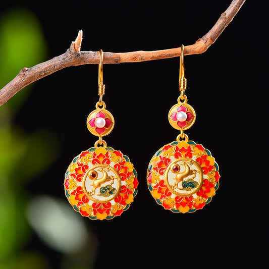 Gilt silver inlaid with Hetian jade flat enamel and multi-treasure earrings