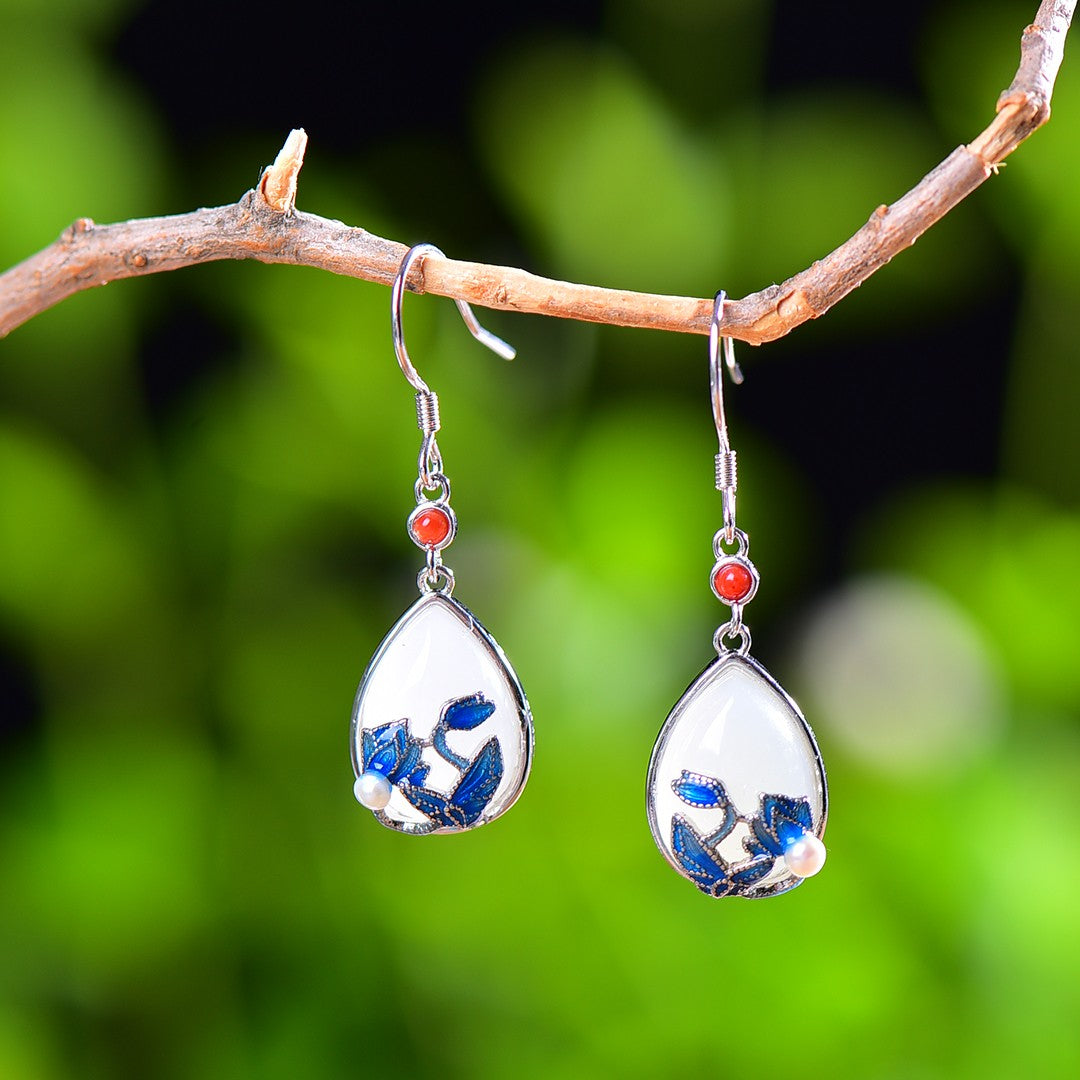 Gilt silver and Hetian jade enamel drop earrings