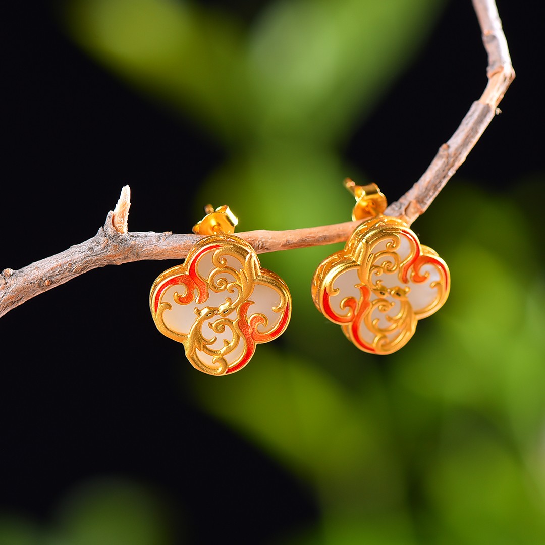 Gilt silver and Hetian jade enamel four-leaf clover earrings