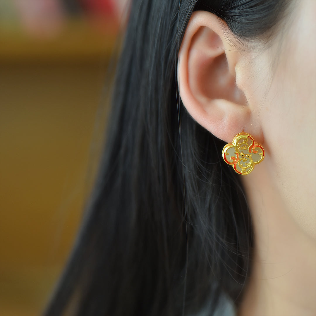 Gilt silver and Hetian jade enamel four-leaf clover earrings