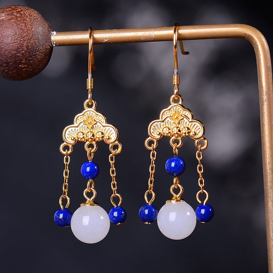 Gilt silver and Hetian jade vintage white jade bead earrings