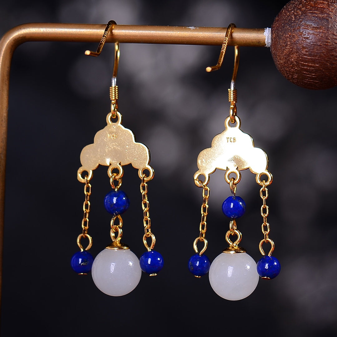 Gilt silver and Hetian jade vintage white jade bead earrings