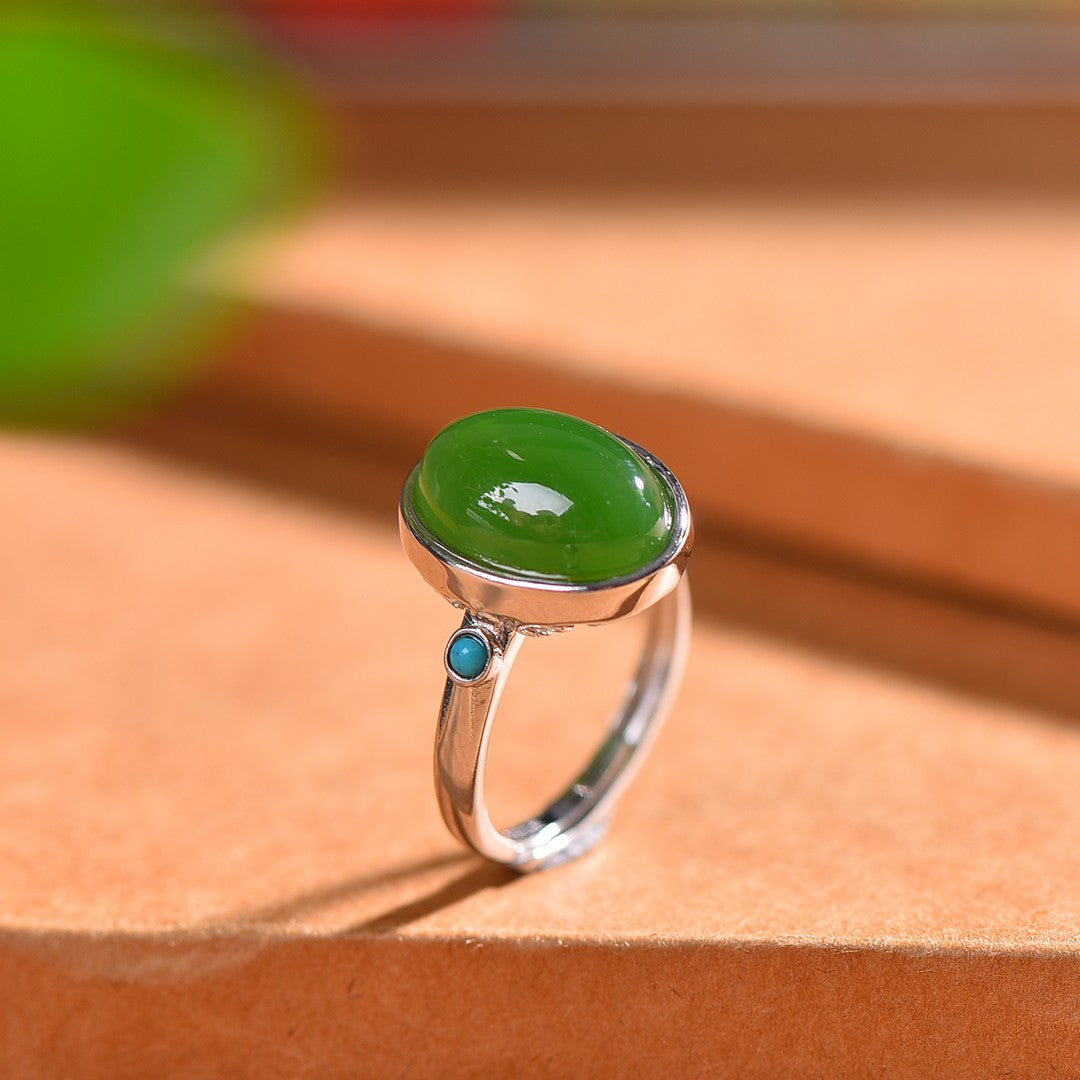 Silver inlaid Hetian jasper enamel cabochon ring