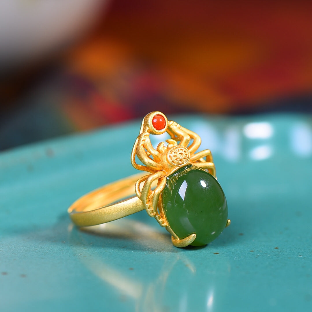 Gilt silver and Hetian jasper spider ring